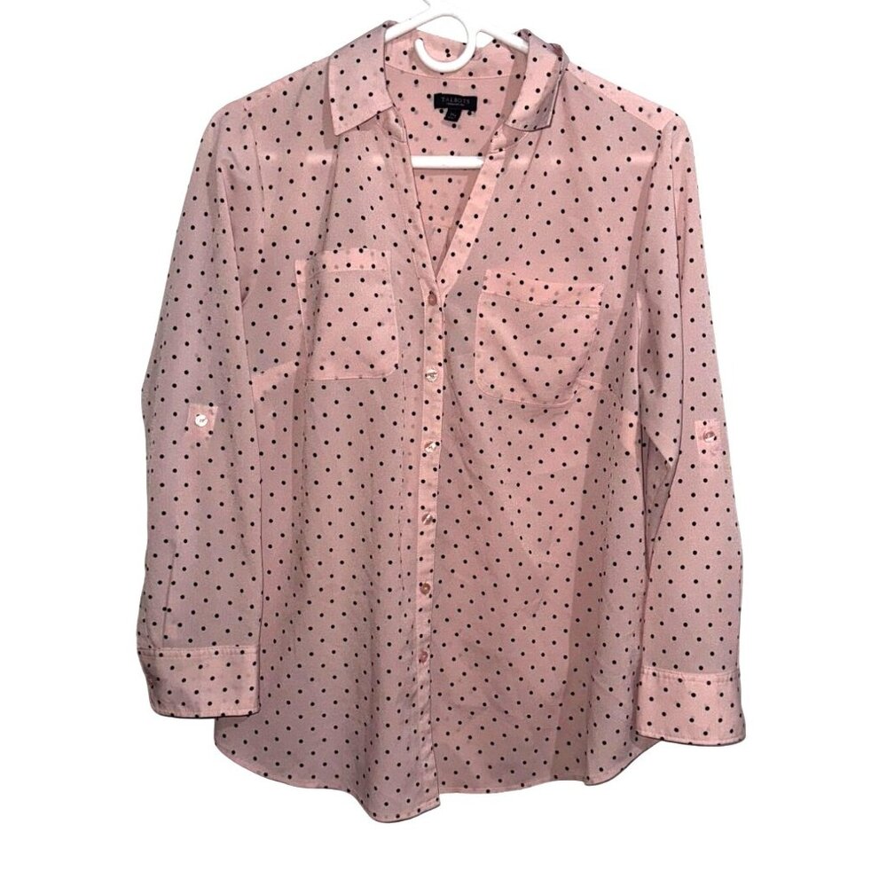 Talbots Womens Petites Pink Button-Down Shirt W/ Black Polka Dots Size 1XP